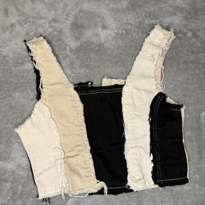 Black and Cream Denim Patchwork Crop Top LARGE
